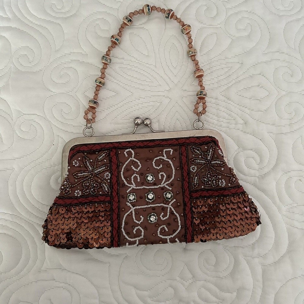 LTD Handbag Women Small Rust Satin Sequin Beaded Kiss Lock Purse Shoulder Bag